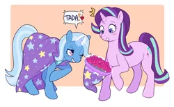Size: 1488x915 | Tagged: safe, artist:cherivinca, derpibooru import, starlight glimmer, trixie, pony, unicorn, blushing, bouquet, cape, clothes, female, flower, glowing horn, hat, horn, image, lesbian, magic, mare, png, shipping, speech bubble, startrix, telekinesis