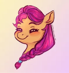 Size: 1933x2048 | Tagged: safe, artist:laps-sp, derpibooru import, sunny starscout, earth pony, pony, blushing, braid, bust, eyes closed, female, g5, gradient background, image, jpeg, portrait, signature, smiling, solo