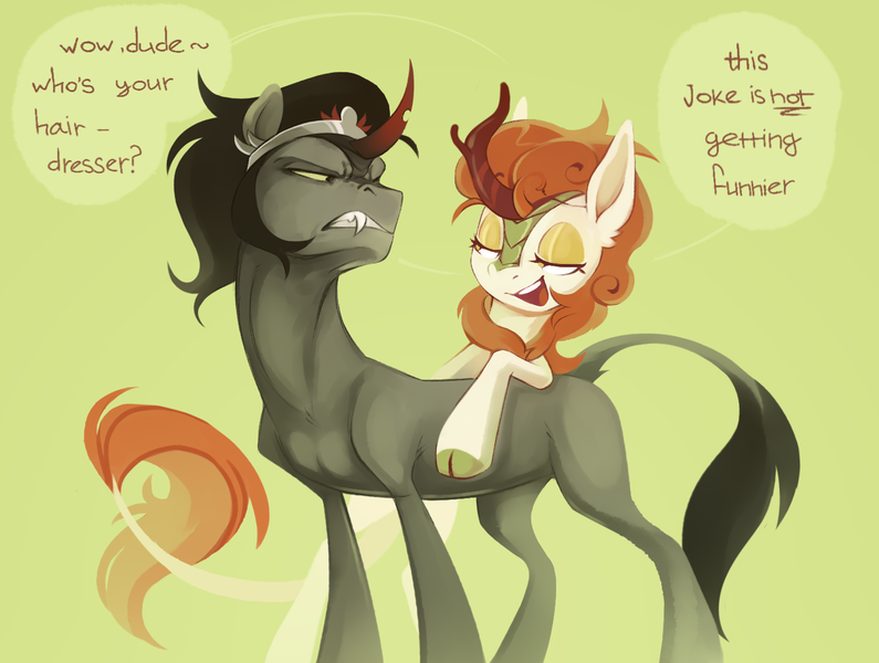 Size: 1413x1067 | Tagged: safe, artist:anotherdeadrat, derpibooru import, autumn blaze, king sombra, kirin, pony, unicorn, dialogue, duo, female, image, lidded eyes, male, open mouth, png, redraw, speech bubble, stallion