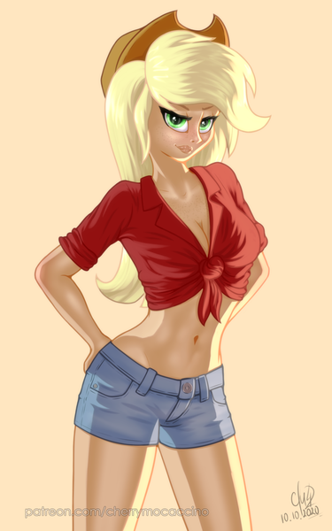Size: 1200x1920 | Tagged: safe, artist:cherrymocaccino, artist:zuko42, derpibooru import, applejack, human, art pack:music album 'e.g.8 themes', equestria girls, belly button, blonde hair, breasts, busty applejack, clothes, confident, cowboy hat, cowgirl, denim shorts, female, freckles, front knot midriff, green eyes, hand on hip, hands on hip, hat, image, jeans, looking at you, midriff, pants, png, shirt, shorts, simple background, smiling, smiling at you, solo, thighs, tomboy, watermark