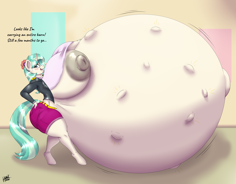 Size: 5000x3891 | Tagged: questionable, artist:09hankris, artist:blues64, derpibooru import, coco pommel, sunset shimmer, oc, anthro, unguligrade anthro, unicorn, areola, belly, belly button, belly expansion, big areola, big belly, big breasts, big nipples, blushing, breasts, clothes, coco preggo, dialogue, digital art, female, flower, flower in hair, fusion, growth, hand on thigh, horn, huge belly, huge breasts, hyper, hyper belly, hyper breasts, hyper pregnancy, image, impossibly large areola, impossibly large belly, impossibly large breasts, impossibly large nipples, jacket, kicking, nipples, nudity, open mouth, outie belly button, png, pregnant, shirt, shorts, side view, sideboob, solo, solo female, tail, text, thighs, thunder thighs