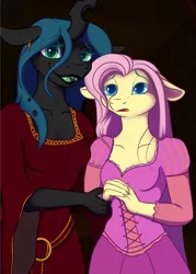 Size: 1000x1400 | Tagged: safe, artist:banoodle, derpibooru import, fluttershy, queen chrysalis, anthro, changeling, changeling queen, pegasus, crossover, female, image, jpeg, mother gothel, rapunzel