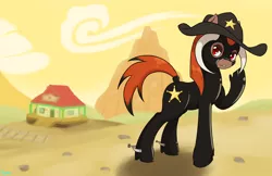 Size: 2550x1650 | Tagged: safe, artist:edgarkingmaker, derpibooru import, oc, oc:taurina mechancious, earth pony, appleloosa, clothes, cowboy hat, earth pony oc, hat, high heels, horns, image, latex, looking at you, png, sheriff, shiny, shoes, solo, spurs, tail wrap