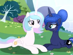 Size: 1400x1050 | Tagged: safe, artist:crystallightfury, artist:quartziie, derpibooru import, princess celestia, princess luna, alicorn, pony, alternate hairstyle, base used, duo, female, image, looking at each other, lying down, mare, png, prone, royal sisters, siblings, sisters, tree