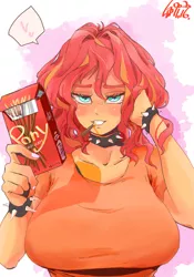 Size: 700x1000 | Tagged: suggestive, artist:sozglitch, derpibooru import, sunset shimmer, equestria girls, bedroom eyes, big breasts, bracelet, breasts, busty sunset shimmer, choker, female, food, huge breasts, image, jpeg, looking at you, mouth hold, pocky, solo, spiked choker, spiked wristband, wristband