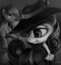 Size: 1535x1654 | Tagged: safe, artist:rbtm233, derpibooru import, rainbow dash, rarity, pegasus, pony, unicorn, rarity investigates, black and white, clothes, detective rarity, duo, duo female, fedora, female, grayscale, hat, image, mare, monochrome, noir, png, trenchcoat