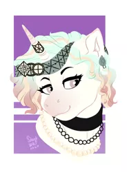 Size: 705x960 | Tagged: safe, artist:silentwolf-oficial, derpibooru import, oc, unofficial characters only, pony, unicorn, abstract background, choker, horn, horn jewelry, image, jewelry, jpeg, necklace, smiling, solo, unicorn oc