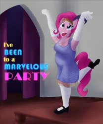 Size: 2000x2400 | Tagged: safe, artist:sixes&sevens, derpibooru import, pinkie pie, anthro, arms in the air, breasts, busty pinkie pie, chubbie pie, chubby, clothes, dancing, dress, evening gloves, feather, flapper, gloves, headband, image, jewelry, long gloves, necklace, png, shoes, socks, thigh highs