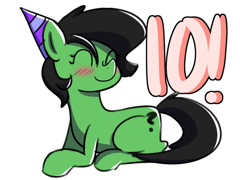 Size: 1600x1200 | Tagged: safe, artist:plaguemare, derpibooru import, oc, oc:anonfilly, pony, female, filly, happy birthday mlp:fim, hat, image, jpeg, mlp fim's tenth anniversary, party hat, simple background, white background