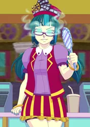 Size: 2894x4093 | Tagged: safe, alternate version, artist:brother-tico, derpibooru import, juniper montage, equestria girls, mirror magic, spoiler:eqg specials, beverage, buttons, canterlot mall, cash register, clothes, collar, counter, devious smile, drink, female, glasses, glowing eyes, gold, image, jpeg, legs, looking at you, mirror, painted nails, raised eyebrows, shirt, short sleeves, skirt, sleeveless, solo, theater, uniform, wristband