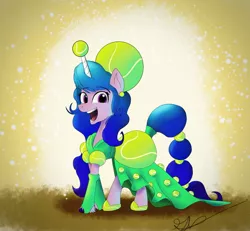 Size: 3250x3007 | Tagged: safe, artist:brogararts, derpibooru import, izzy moonbow, pony, unicorn, ballgown, clothes, dress, ear piercing, fashion, female, flanderization, g5, high res, horn, horn guard, horn impalement, hornball, image, izzy's tennis ball, jpeg, looking at you, majestic as fuck, open mouth, piercing, signature, solo, tennis ball, that pony sure does love tennis balls