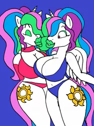 Size: 960x1280 | Tagged: suggestive, artist:megacheese, derpibooru import, princess celestia, alicorn, anthro, belly button, big breasts, big lips, bikini, bimbo, bimbo celestia, breasts, busty princess celestia, carmelita fox, character to character, choker, clothes, crossover, cutie mark, digital art, duo, duo female, eyes closed, female, gloves, horn, image, jpeg, long gloves, simple background, sly cooper, swimsuit, tail, thighs, thunder thighs, twinning, wide hips, wings