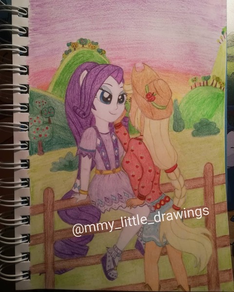 Size: 1080x1350 | Tagged: safe, artist:mmy_little_drawings, derpibooru import, applejack, rarity, equestria girls, legend of everfree, clothes, eyelashes, female, fence, hat, image, jpeg, lesbian, outdoors, rarijack, shipping, sitting, skirt, traditional art, watermark