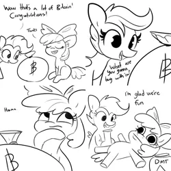 Size: 2400x2400 | Tagged: safe, artist:tjpones, derpibooru import, apple bloom, scootaloo, earth pony, pegasus, pony, :i, bitcoin, black and white, bong, comic, cryptocurrency, dmt, dogecoin, drugs, duo, female, filly, grayscale, image, lying down, money, monochrome, on back, png, simple background, white background