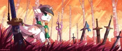 Size: 2361x1000 | Tagged: safe, artist:redchetgreen, derpibooru import, oc, unofficial characters only, alicorn, pony, alicorn oc, armor, bandage, grass, graveyard, green eyes, horn, image, male, png, solo, stallion, sword, tree, weapon, wings