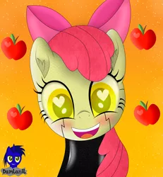 Size: 3840x4154 | Tagged: safe, artist:damlanil, derpibooru import, apple bloom, android, earth pony, pony, robot, robot pony, adorabloom, apple, apple bloom bot, apple bloom's bow, blushing, bow, catsuit, clothes, cute, female, filly, food, hair bow, happy, heart, heart eyes, image, latex, latex suit, looking at you, mare, open mouth, png, rubber, shine, shiny, simple background, smiling, spy, suit, vector, weapons-grade cute, wingding eyes