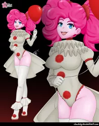 Size: 1093x1391 | Tagged: safe, artist:clouddg, derpibooru import, pinkie pie, equestria girls, balloon, belly button, breasts, clothes, female, high heels, image, it, leotard, open mouth, pennywise, pinkiewise, png, shoes, showgirl skirt, socks, stockings, thigh highs, thong leotard