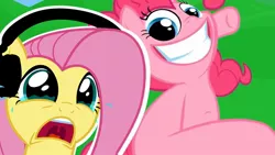 Size: 1280x720 | Tagged: safe, artist:misterdavey, artist:vannamelon, derpibooru import, fluttershy, pinkie pie, earth pony, pegasus, pony, smile hd, crying, headphones, image, jpeg, reaction, reaction image, scared, youtube thumbnail