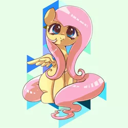 Size: 768x768 | Tagged: safe, artist:tomizawa96, derpibooru import, fluttershy, pegasus, pony, :o, abstract background, cute, female, full face view, head tilt, image, jpeg, mare, one wing out, open mouth, shyabetes, sitting, smiling, solo, wings