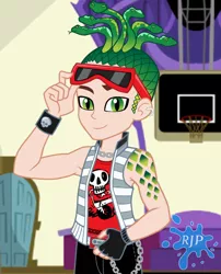 Size: 850x1050 | Tagged: safe, artist:rjp.rammy, derpibooru import, gorgon, human, snake, equestria girls, barely eqg related, basketball net, clothes, crossover, deuce gorgon, equestria girls style, equestria girls-ified, fingerless gloves, glasses, gloves, gymnasium, image, jpeg, looking at you, male, mattel, monster, monster high, pants, solo, sunglasses, tanktop, vest