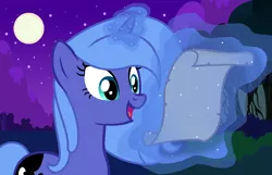 Size: 1082x698 | Tagged: safe, artist:stellamoonshine, derpibooru import, princess luna, pony, female, image, magic, night, png, s1 luna, scroll, solo, unicorn luna