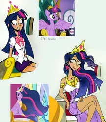 Size: 2857x3288 | Tagged: safe, artist:citi, derpibooru import, screencap, princess twilight 2.0, twilight sparkle, twilight sparkle (alicorn), alicorn, human, pony, the last problem, trade ya, crossed legs, crown, female, humanized, image, jewelry, jpeg, mare, older, older twilight, regalia, scene interpretation, screencap reference, sitting, solo, then and now