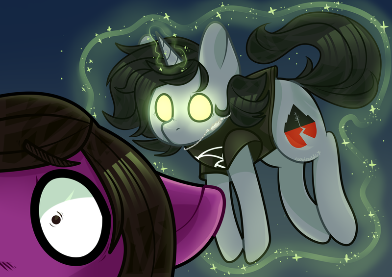 Size: 3510x2480 | Tagged: safe, artist:narik, derpibooru import, oc, ponified, ponified:kellin quinn, pony, unicorn, blue background, clothes, commission, disguise, disguised siren, duo, duo male, floating, floppy ears, glowing eyes, glowing horn, horn, image, jewelry, levitation, magic, male, necklace, pierce the veil, png, self-levitation, shirt, simple background, sleeping with sirens, t-shirt, telekinesis, vic fuentes, ych result