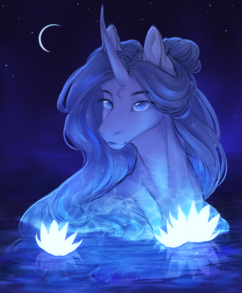 Size: 1653x2000 | Tagged: safe, artist:hazepages, derpibooru import, oc, unofficial characters only, pony, unicorn, glowing flower, image, moon, night, night sky, png, sky, solo, stars, water