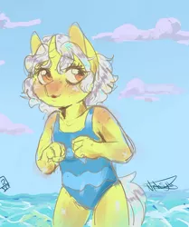 Size: 985x1181 | Tagged: safe, artist:beyond_inside, derpibooru import, oc, oc:snow t. chaos, unofficial characters only, anthro, unicorn, blushing, clothes, cloud, eyelashes, female, horn, image, jpeg, one-piece swimsuit, outdoors, swimsuit, unicorn oc, water