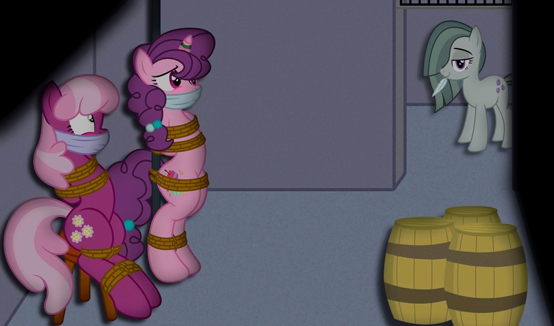 Size: 3712x2182 | Tagged: source needed, useless source url, suggestive, artist:radiantrealm, derpibooru import, edit, cheerilee, marble pie, sugar belle, earth pony, pony, semi-anthro, barrel, blushing, bondage, bound, bound and gagged, cloth gag, erotic tickling, feather, female, femdom, femsub, fetish, gag, horn, horn ring, image, imminent tickles, jewelry, jpeg, kidnapped, mare, pole, ring, rope, rope bondage, shocked, sitting, standing, submissive, this will end in tickles, tickle fetish, tickle torture, tickling, tied up