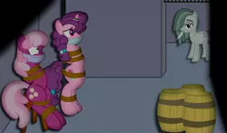 Size: 3712x2182 | Tagged: source needed, useless source url, suggestive, artist:radiantrealm, derpibooru import, edit, cheerilee, marble pie, sugar belle, earth pony, pony, semi-anthro, barrel, blushing, bondage, bound, bound and gagged, cloth gag, erotic tickling, feather, female, femdom, femsub, fetish, gag, horn, horn ring, image, imminent tickles, jewelry, jpeg, kidnapped, mare, pole, ring, rope, rope bondage, shocked, sitting, standing, submissive, this will end in tickles, tickle fetish, tickle torture, tickling, tied up