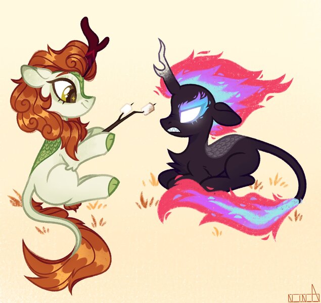 Size: 1958x1849 | Tagged: safe, artist:n in a, derpibooru import, part of a set, autumn blaze, cinder glow, summer flare, kirin, nirik, duo, female, food, image, jpeg, marshmallow, mundane utility, simple background, sitting