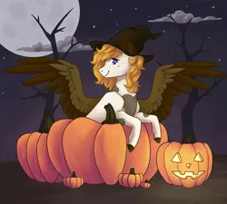 Size: 3000x2700 | Tagged: safe, artist:flaming-trash-can, derpibooru import, oc, oc:indigo skies, unofficial characters only, pegasus, pony, cloud, commission, halloween, hat, holiday, image, jack-o-lantern, moon, night, png, pumpkin, solo, tree, witch hat, ych result