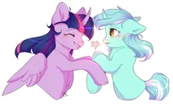 Size: 2381x1447 | Tagged: safe, artist:pledus, derpibooru import, lyra heartstrings, twilight sparkle, twilight sparkle (alicorn), alicorn, pony, curved horn, eyes closed, female, floating heart, floppy ears, heart, holding hooves, horn, image, lesbian, mare, png, shipping, simple background, twyra, white background