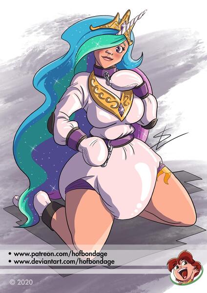 Size: 1024x1449 | Tagged: questionable, artist:hofbondage, derpibooru import, princess celestia, human, abdl, ankle cuffs, belt, big breasts, blushing, bondage, bondage mitts, booties, breasts, busty princess celestia, chains, collar, crown, cuffs, cutie mark on human, diaper, diaper bondage, diaper fetish, elbow pads, female, fetish, hair over one eye, horn, horned humanization, humanized, image, jewelry, jpeg, kneeling, mittens, necklace, no more ponies at source, onesie, patreon, patreon reward, poofy diaper, regalia, smiling, solo, solo female, sparkly hair