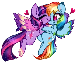 Size: 744x603 | Tagged: safe, artist:esmeia, derpibooru import, rainbow dash, twilight sparkle, twilight sparkle (alicorn), alicorn, pegasus, pony, blushing, colored wings, ear fluff, eyes closed, female, gradient wings, heart, heart hoof, hug, image, lesbian, mare, multicolored wings, png, shipping, simple background, smiling, sparkly mane, sparkly tail, spread wings, transparent background, twidash, wings