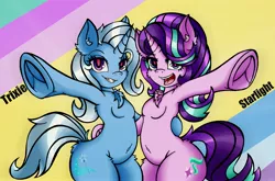 Size: 4096x2710 | Tagged: safe, alternate version, artist:canvymamamoo, derpibooru import, starlight glimmer, trixie, anthro, pony, unicorn, abstract background, belly button, bipedal, breasts, chest fluff, duo, duo female, ear fluff, female, frog (hoof), grin, image, jpeg, looking at you, mare, open mouth, raised hoof, smiling, text, underhoof