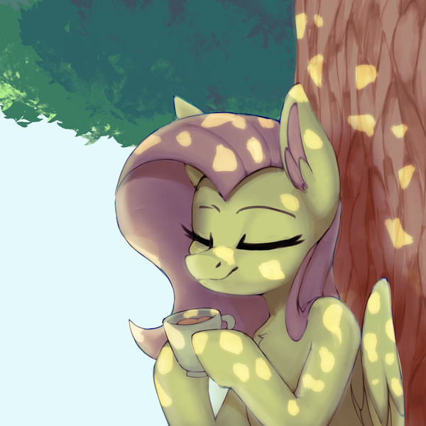 Size: 2000x2000 | Tagged: safe, artist:thesas110, derpibooru import, fluttershy, pegasus, pony, bust, chest fluff, chocolate, cute, dappled sunlight, eyes closed, female, folded wings, food, high res, hoof hold, hot chocolate, image, jpeg, mare, mug, outdoors, shyabetes, smiling, solo, three quarter view, tree, under the tree, wings