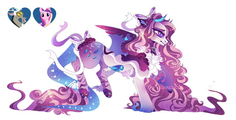 Size: 2500x1275 | Tagged: safe, artist:sunnchild, derpibooru import, discord, princess cadance, oc, draconequus, hybrid, female, image, interspecies offspring, offspring, parent:discord, parent:princess cadance, parents:discodance, png, simple background, solo, transparent background