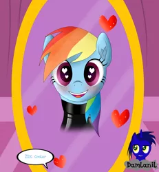 Size: 3840x4154 | Tagged: safe, artist:damlanil, derpibooru import, rainbow dash, pegasus, pony, 20% cooler, blushing, carousel boutique, catsuit, clothes, comic, cute, dashabetes, female, happy, heart, heart eyes, image, latex, latex suit, looking at you, mare, mirror, open mouth, png, rubber, shine, shiny, simple background, smiling, spy, suit, text, vector, wingding eyes, wings