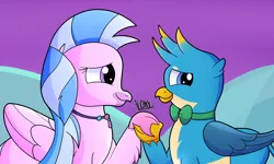 Size: 2500x1500 | Tagged: safe, artist:alonso-bazan, derpibooru import, gallus, silverstream, gryphon, hippogriff, cute, diastreamies, female, gallabetes, gallstream, holding hands, image, jewelry, male, necklace, png, shipping, smiling, straight