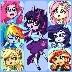 Size: 1800x1800 | Tagged: safe, artist:ameliacostanza, derpibooru import, applejack, fluttershy, pinkie pie, rainbow dash, rarity, sci-twi, sunset shimmer, twilight sparkle, equestria girls, bandaid, blue background, blushing, boots, bowtie, bra, bra strap, bracelet, breasts, busty applejack, busty fluttershy, busty pinkie pie, busty sunset shimmer, busty twilight sparkle, chibi, cleavage, clothes, converse, cowboy boots, cowboy hat, cowgirl, cute, dashabetes, devil horn (gesture), diapinkes, digital art, eyeshadow, female, freckles, glasses, happy, hat, humane five, humane seven, humane six, image, jackabetes, jeans, jewelry, lidded eyes, lipstick, makeup, one eye closed, open mouth, pants, png, ponied up, pony ears, ponytail, rainbow socks, raribetes, ripped jeans, sassy, shimmerbetes, shoes, shrug, shyabetes, simple background, skirt, smiling, socks, solo, stetson, striped socks, sweatband, tail, twiabetes, underwear, wink
