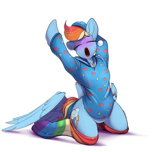 Size: 3000x3000 | Tagged: safe, artist:skitsniga, derpibooru import, rainbow dash, pegasus, semi-anthro, blushing, clothes, cute, dashabetes, eyes closed, featureless crotch, female, image, kneeling, open mouth, pajamas, png, rainbow socks, simple background, socks, solo, striped socks, white background, yawn