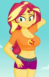 Size: 910x1430 | Tagged: safe, alternate version, derpibooru import, edit, edited screencap, editor:ah96, screencap, sunset shimmer, equestria girls, equestria girls series, forgotten friendship, adorasexy, arm behind head, belly button, big breasts, breast edit, breasts, busty sunset shimmer, cleavage, cropped, cute, female, image, lidded eyes, midriff, png, sexy, shading, shimmerbetes, solo, thighs