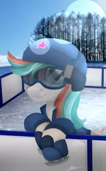 Size: 2100x3393 | Tagged: safe, artist:broken wings, derpibooru import, oc, unofficial characters only, pony, chest fluff, female, fence, helmet, ice, ice skates, image, lens flare, looking at you, mare, photo, png, signature, snow, solo, tree, winter