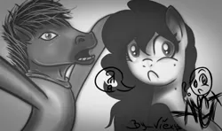 Size: 1210x718 | Tagged: safe, artist:amgiwolf, derpibooru import, oc, oc:amgi, unofficial characters only, earth pony, pony, bust, duo, earth pony oc, eyelashes, female, frown, grayscale, hoers mask, image, jpeg, male, mare, mask, monochrome, signature, stallion