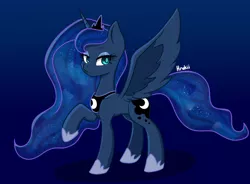 Size: 1750x1290 | Tagged: safe, artist:hrukii, derpibooru import, princess luna, alicorn, pony, blue background, gradient background, image, jpeg, raised hoof, simple background, solo