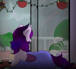 Size: 600x546 | Tagged: safe, artist:kisaradoesart16, derpibooru import, oc, oc:cosmic star, unofficial characters only, alicorn, pony, animated, gif, image, lightning, rain, solo, storm, window