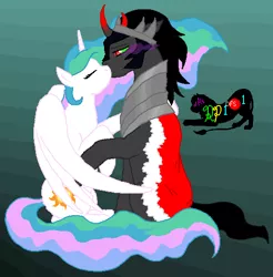 Size: 529x537 | Tagged: safe, artist:random-person101, derpibooru import, king sombra, princess celestia, alicorn, unicorn, cape, celestibra, clothes, colored horn, curved horn, cute, female, horn, image, kissing, male, png, shipping, sombra eyes, sombra horn, straight
