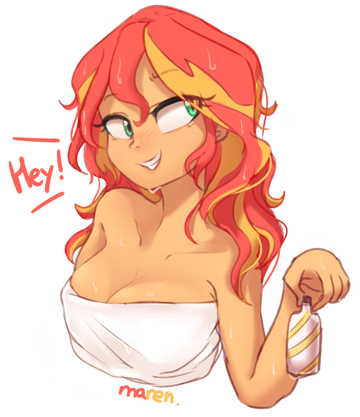 Size: 2208x2558 | Tagged: safe, artist:maren, derpibooru import, sunset shimmer, equestria girls, after shower, bare shoulders, blushing, breasts, busty sunset shimmer, cleavage, dialogue, digital art, female, grin, image, png, simple background, smiling, solo, towel, wet, wet hair, white background